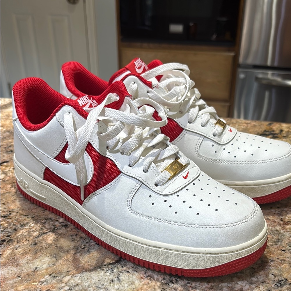 Nike White and Red Air Force 1 Sneakers